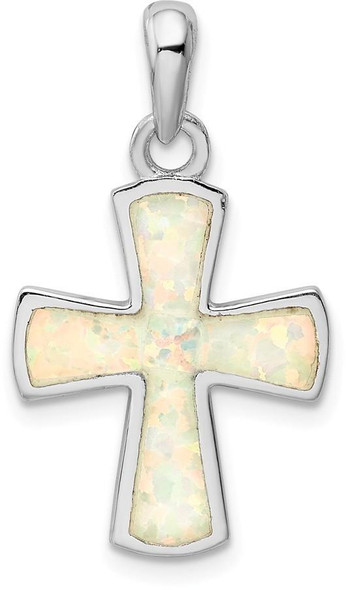 925 Sterling Silver Rhodium-Plated White Lab-Created Opal Cross Pendant QC9036