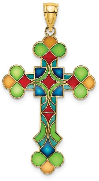 14k Yellow Gold Multi Color Stained Glass Cross Pendant