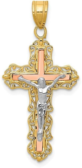 14k Yellow, White and Rose Gold Diamond-Cut Crucifix Pendant D3644