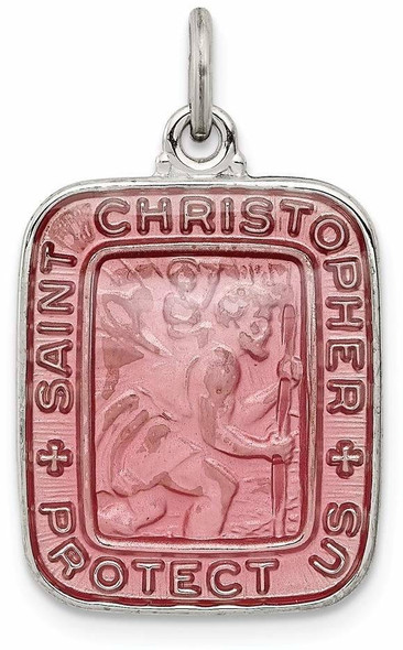 925 Sterling Silver Pink Enamel Square St. Christopher Medal Pendant