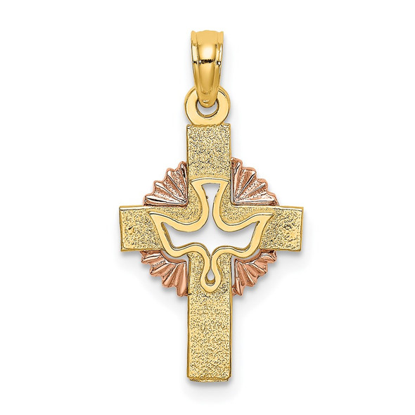 14k Yellow and Rose Gold Cut-Out Dove On Cross Pendant