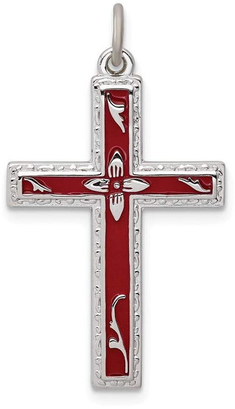 Rhodium-Plated 925 Sterling Silver Red Enameled Cross Pendant