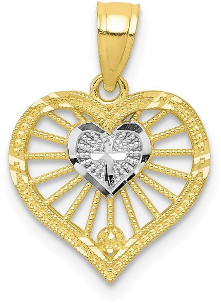 10k Yellow Gold with Rhodium-Plating Heart w/Cross Pendant 10C935