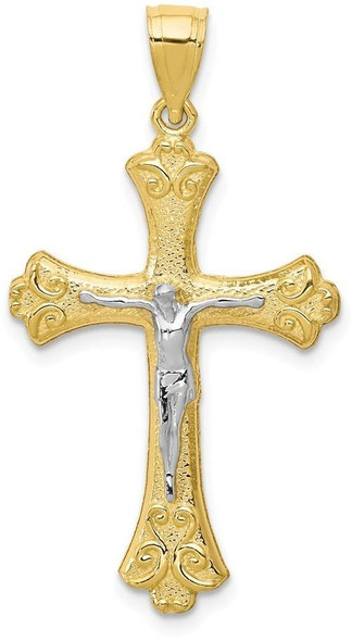 10k Yellow Gold with Rhodium-Plating Fleur de Lis Crucifix Pendant 10C1084