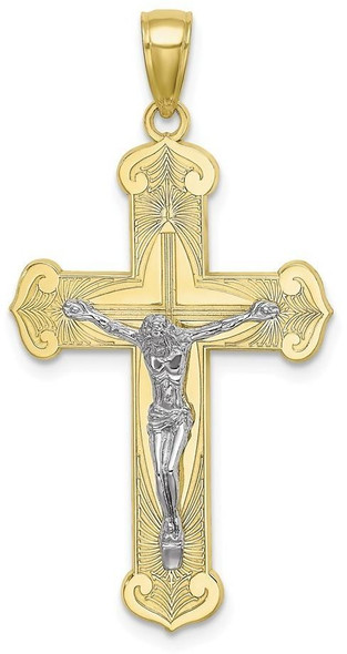 10k Yellow Gold with Rhodium-Plated Engraved Crucifix Pendant 10k9216