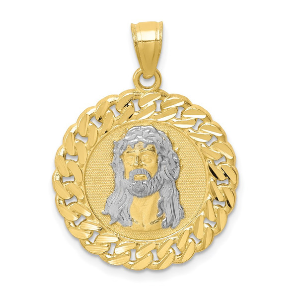 10k Yellow Gold With Rhodium-Plating Diamond-Cut Jesus Face Pendant