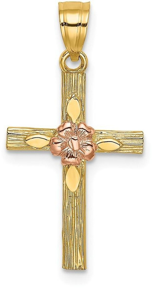 14k Two-tone Gold Textured Cross with Flower Pendant