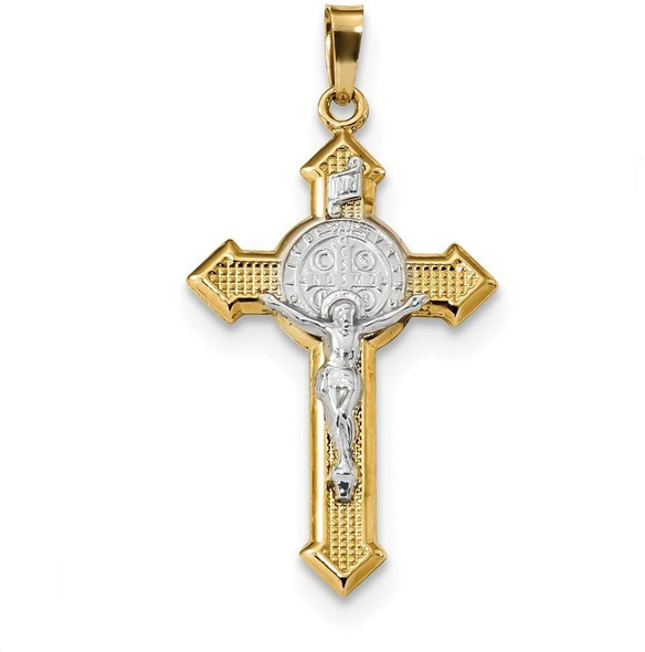 14k Gold with Rhodium-Plating Polished St. Benedict Medal INRI Crucifix Pendant