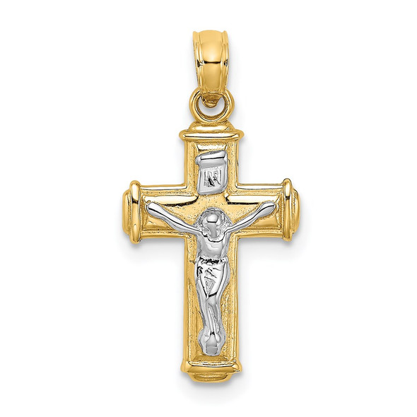 14k Gold with Rhodium-Plating and Polished Block Crucifix INRI Pendant