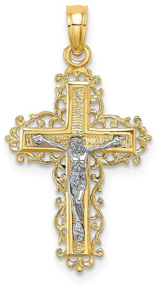 14k Yellow and White Gold Textured with Lace Trim Crucifix Pendant