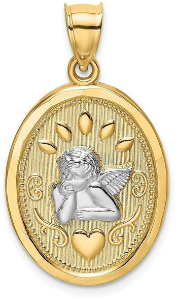 14k Yellow Gold and Rhodium Oval Engraved Disc and Cherub with Heart Pendant