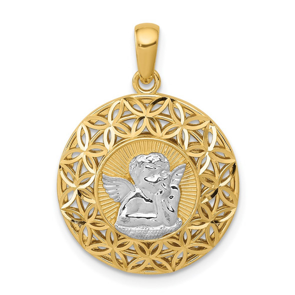 14k Yellow Gold And Rhodium Polished Filigree Guardian Angel Pendant