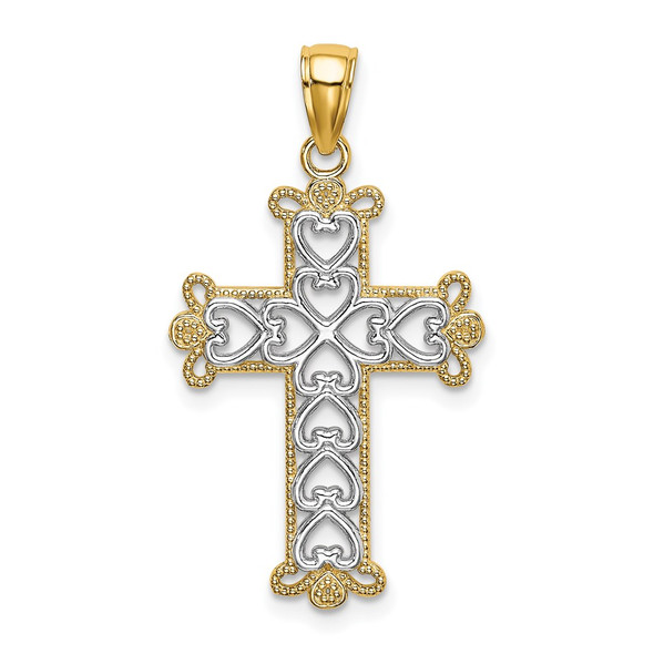 14k Yellow Gold and Rhodium Polished and Textured Beaded Cross Pendant