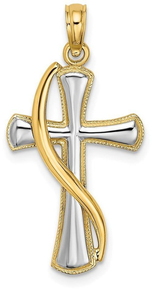 14k Yellow Gold with Rhodium-Plated Drape Over Cross Pendant