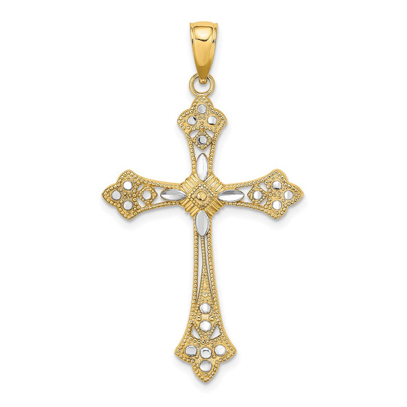 14k Yellow Gold And Rhodium And Diamond-Cut Edges Cross Pendant