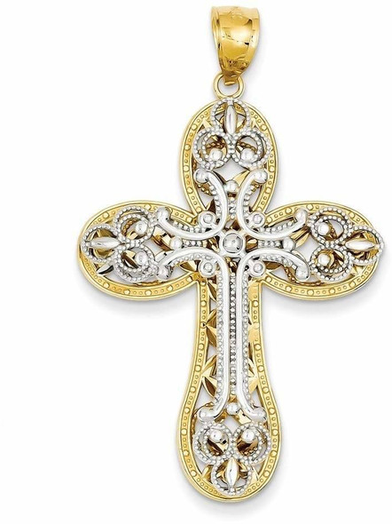 14k Yellow and White Gold Diamond-Cut Fancy Layered Cross Pendant