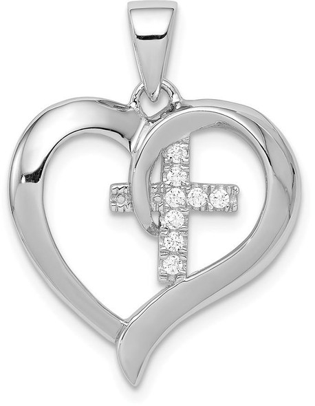 925 Sterling Silver Rhodium-Plated Heart with Cubic Zirconia Cross Pendant