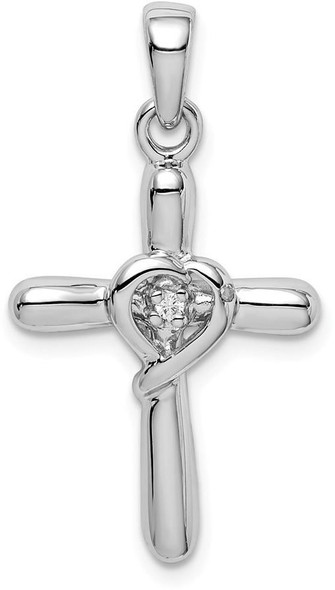 925 Sterling Silver Rhodium-Plated White Cubic Zirconia Heart Cross Pendant