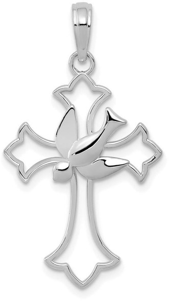 14k White Gold Polished Cross with Dove Pendant
