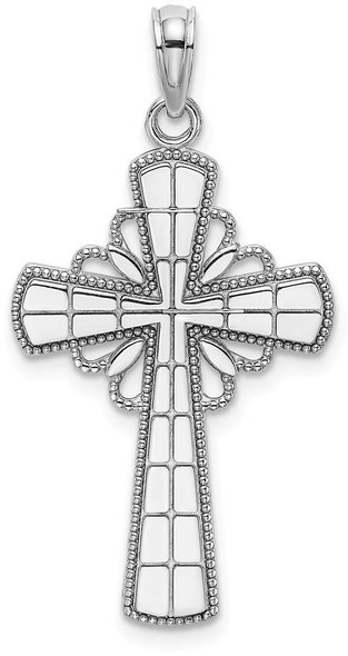 14k White Gold with Beaded Edge and Grid Accent Cross Pendant
