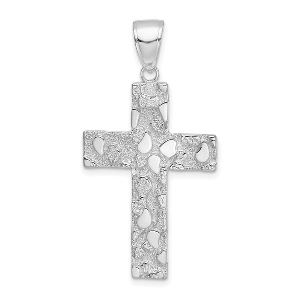 14k White Gold Polished And Textured Nugget-Style Cross Pendant