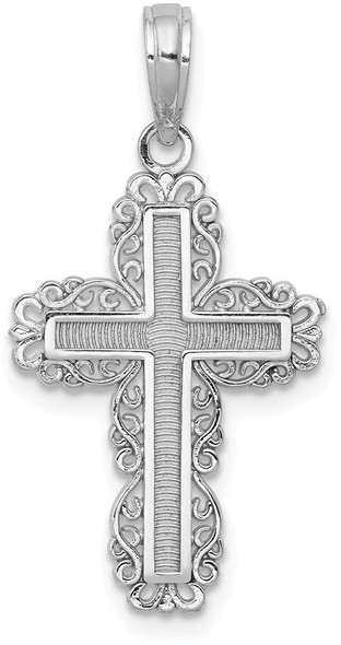 14k White Gold Textured with Lace Trim Cross Pendant
