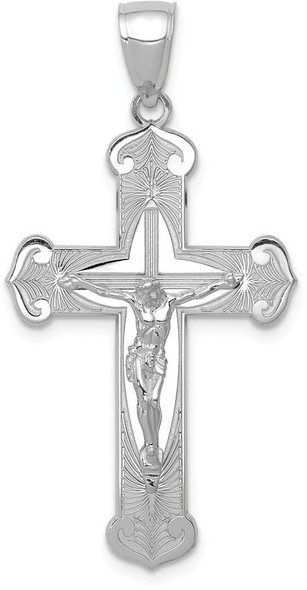 14k White Gold Polished Crucifix with Jesus On Engraved Cross Pendant