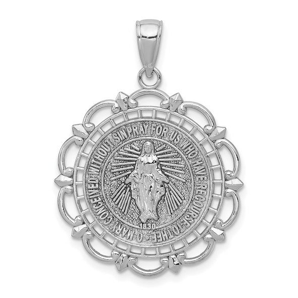 14k White Gold Polished Miraculous Medal With Scallop Frame Pendant