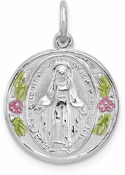 Rhodium-Plated 925 Sterling Silver Polished Epoxy Miraculous Medal Pendant