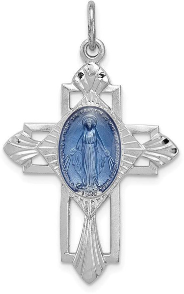 Rhodium-Plated 925 Sterling Silver Miraculous Medal Cross Pendant