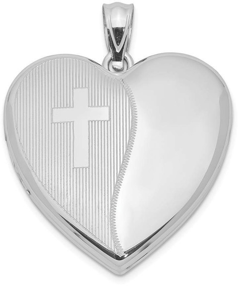 Rhodium-Plated 925 Sterling Silver 24mm with Cross Design Heart Locket Pendant