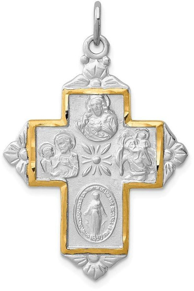 Rhodium-Plated and Yellow 925 Sterling Silver 4-Way Medal Cross Pendant