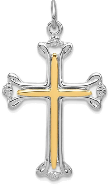 Rhodium-Plated & Yellow 925 Sterling Silver Polished Budded Cross Pendant