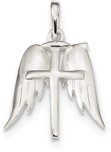 925 Sterling Silver Polished Wings and Cross Pendant
