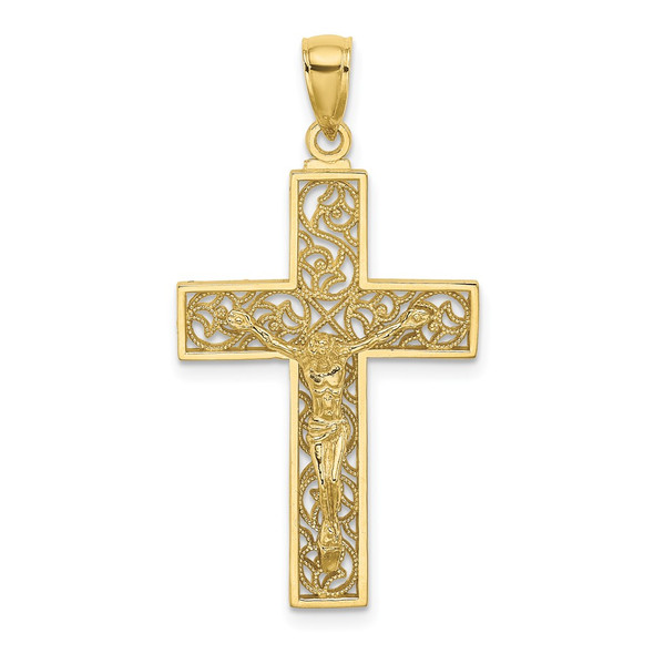 10k Yellow Gold Textured Swirl Design Crucifix Pendant