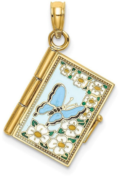 14k Yellow Gold 3-D with Enamel Ecclesiastes Book with Moveable Pages Pendant