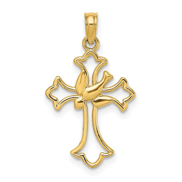 14k Yellow Gold Cut-Out Dove Center Cross Pendant