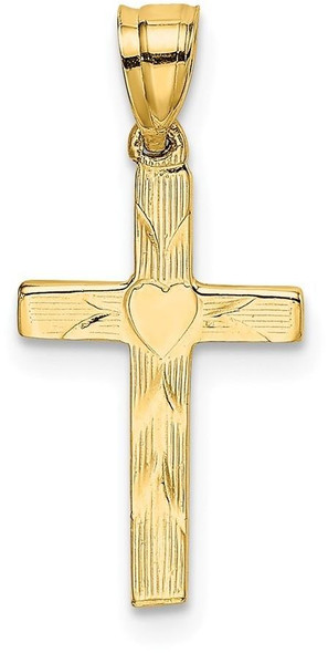 14k Yellow Gold Polished and Engraved Cross with Heart Center Pendant