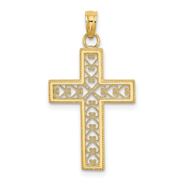 14k Yellow Gold Filigree Beaded Outline Cross Pendant