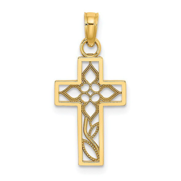 14k Yellow Gold Flower In Cross Pendant