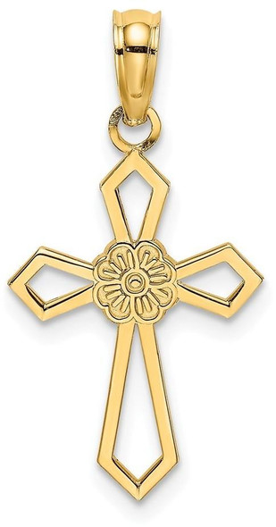 14k Yellow Gold Cut-Out and Flat Cross with Flower Pendant