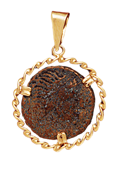 14K Yellow Gold Twist Wire Pendant With A Roman Bronze Coin