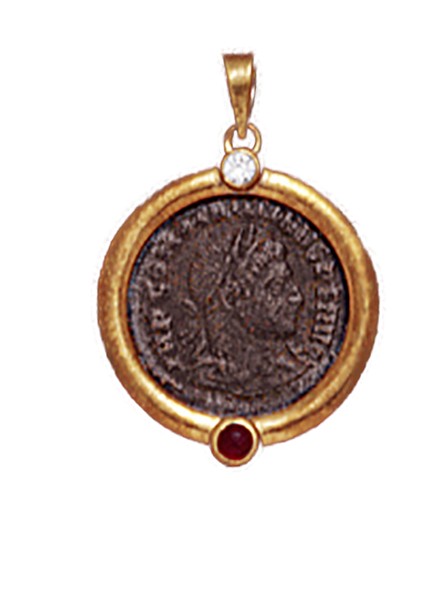 14K  Gold DIAMOND/RUBY  BEZEL  Pendant  With Bronze Roman Coin