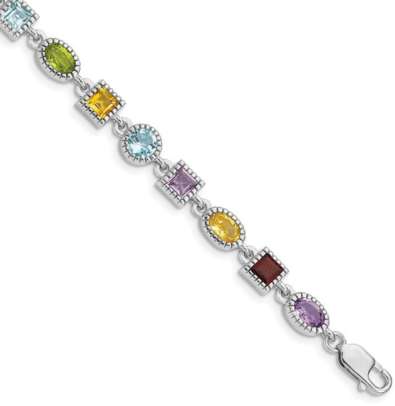 7" Sterling Silver Rhodium-Plated Multicolor Rainbow Gemstone Bracelet