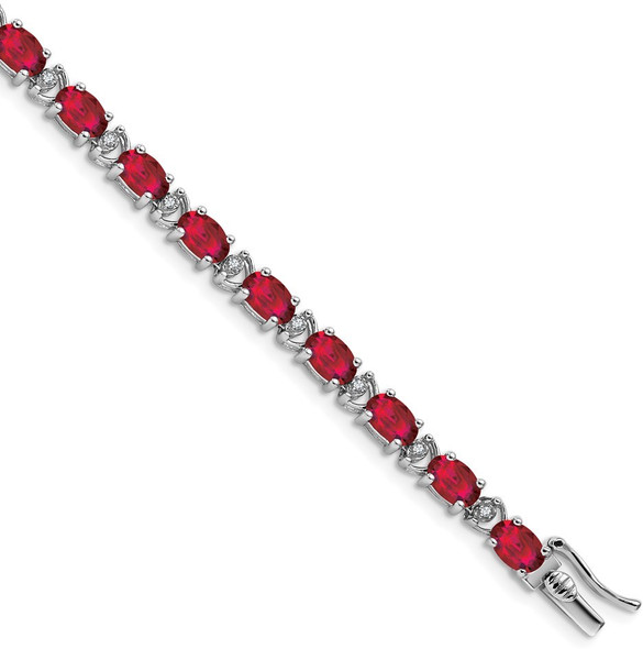 7" 14k White Gold Oval Lab-Created Ruby and Diamond Bracelet