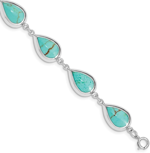 7.75" Sterling Silver Rhodium-plated Teardrop Simulated Turquoise Bracelet