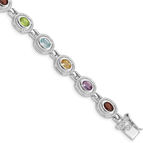 7" Rhodium-plated Sterling Silver Multicolor Rainbow Gemstone Bracelet