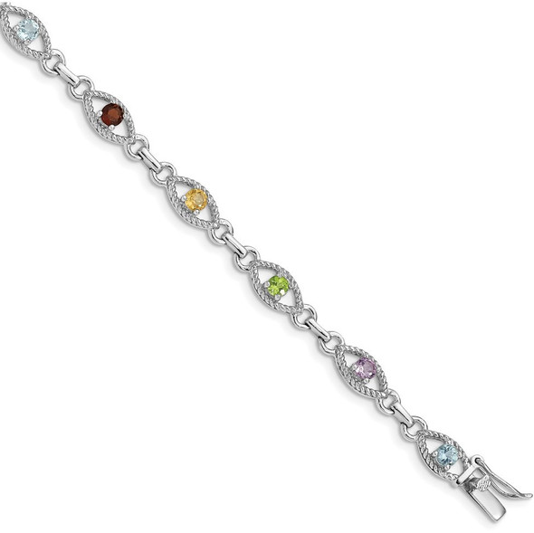 7" Sterling Silver Rhodium-Plated Multicolored Gemstone Link Bracelet