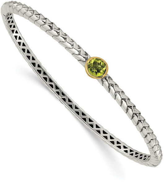 7.25" Sterling Silver & 14k Yellow Gold Peridot Bangle Bracelet