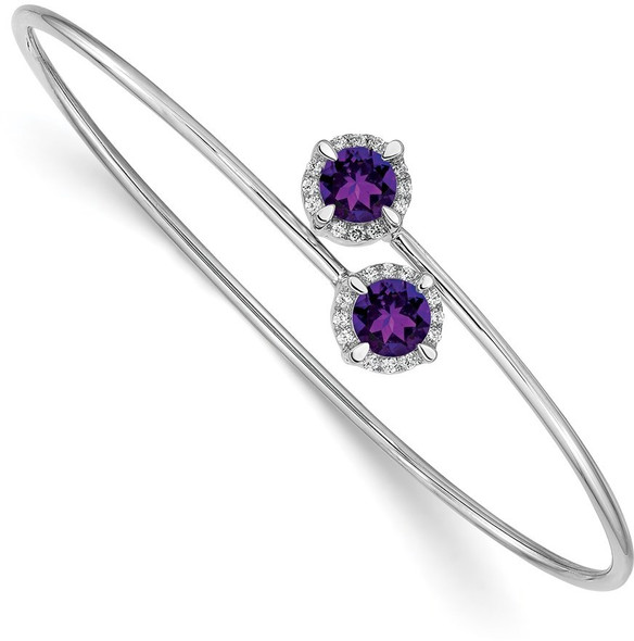 7" 14k White Gold Amethyst and Diamond Flexible Bangle Bracelet